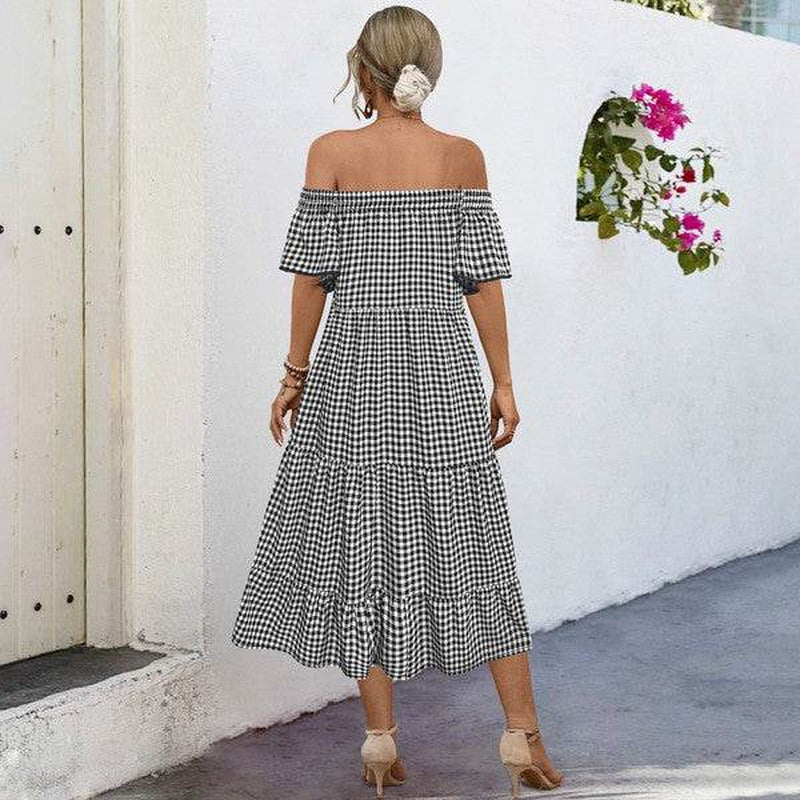 Summer Dress for Women Plaid Puff Sleeves Dress
