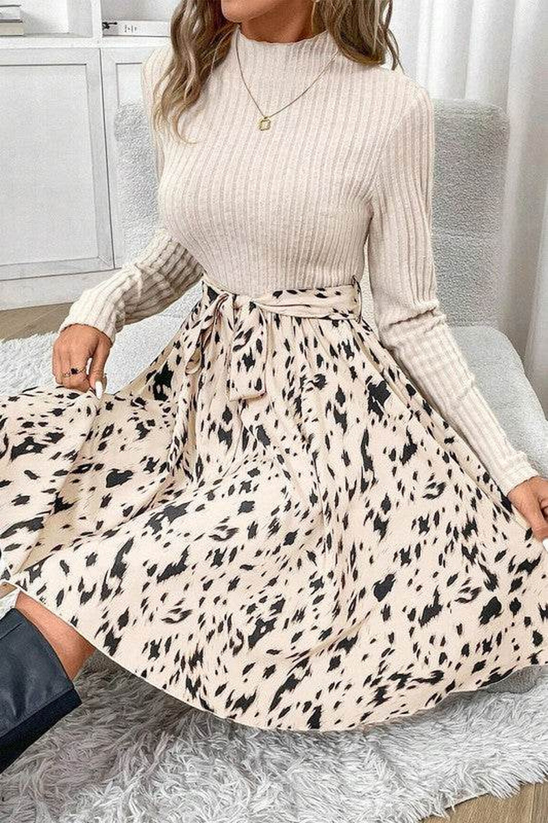 Ribbed Knit Patchwork Printed Belted A-Line Dress