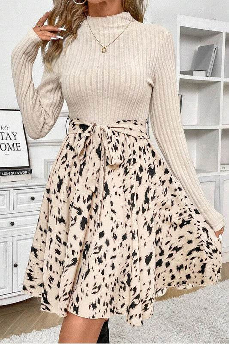 Ribbed Knit Patchwork Printed Belted A-Line Dress