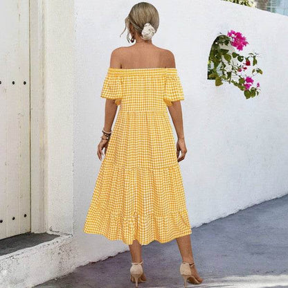 Summer Dress for Women Plaid Puff Sleeves Dress