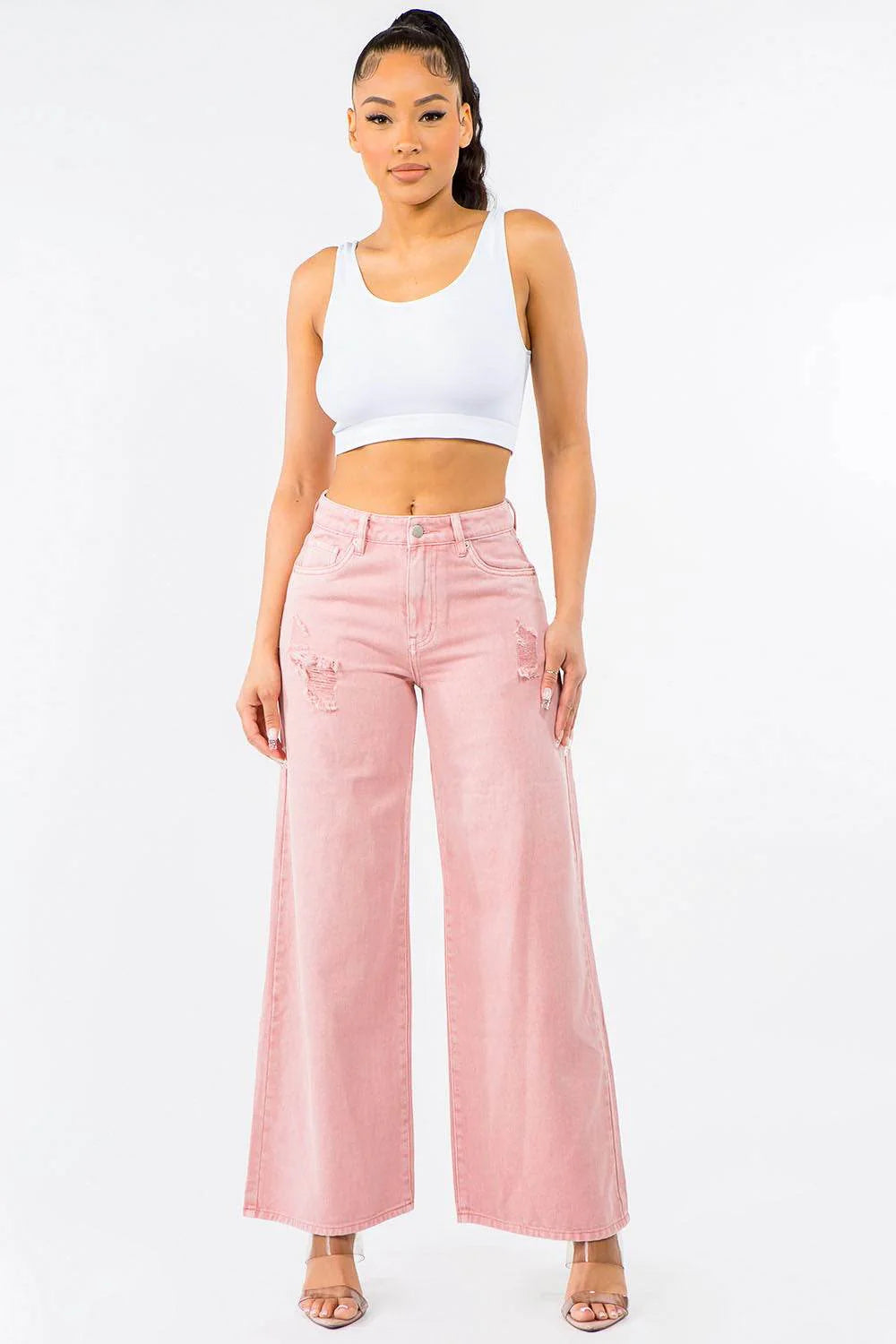 American Bazi High Waist Distressed Wide Leg Jeans
