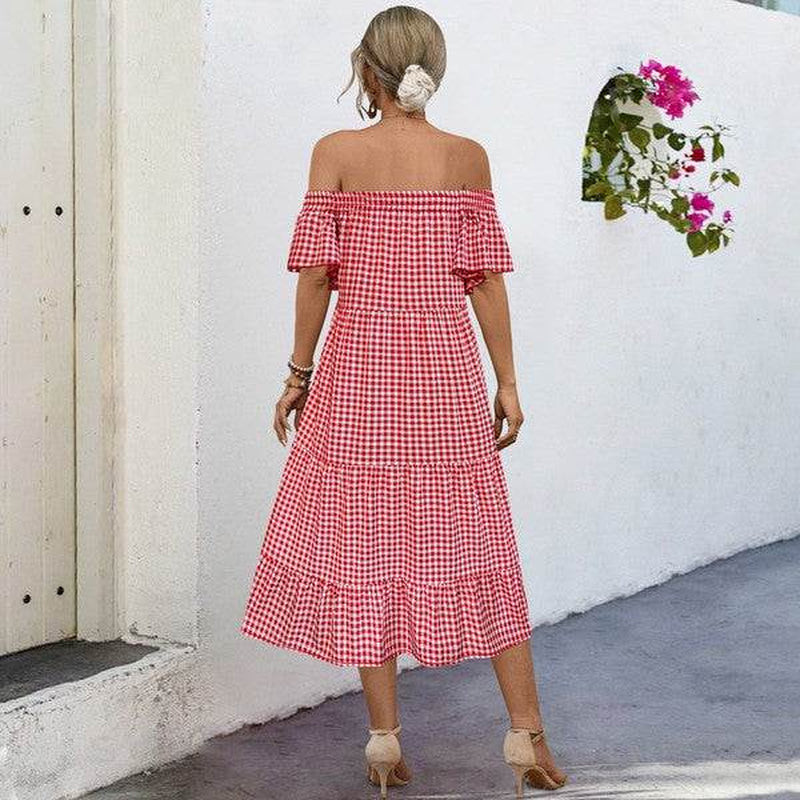 Summer Dress for Women Plaid Puff Sleeves Dress