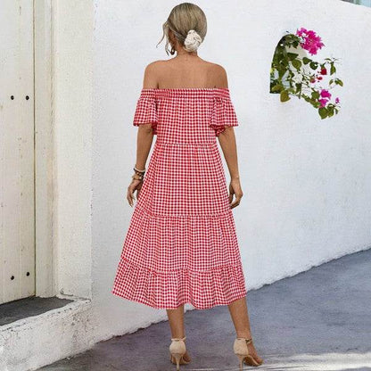 Summer Dress for Women Plaid Puff Sleeves Dress