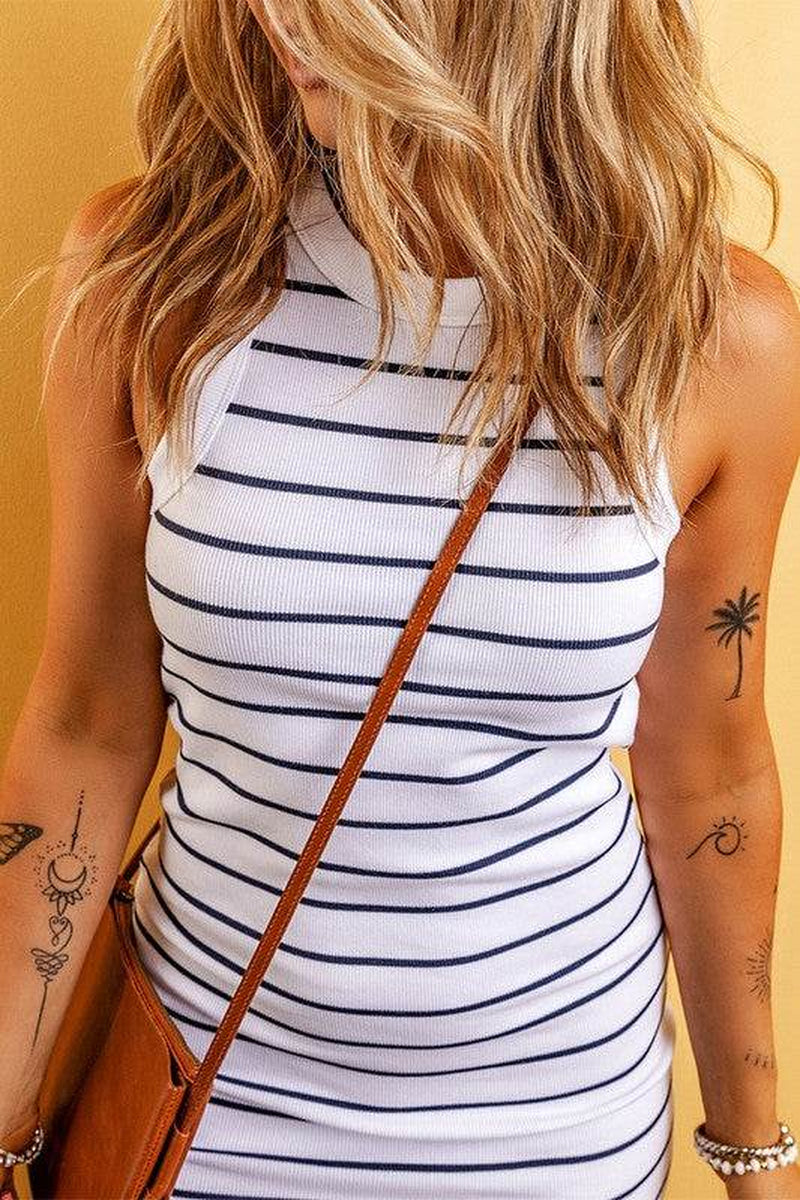 Women'S Ribbed Knit Striped Sleeveless Dress