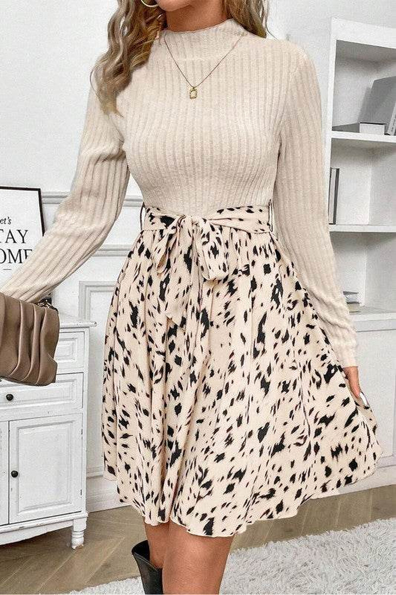 Ribbed Knit Patchwork Printed Belted A-Line Dress
