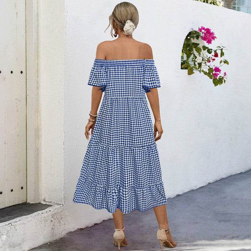 Summer Dress for Women Plaid Puff Sleeves Dress