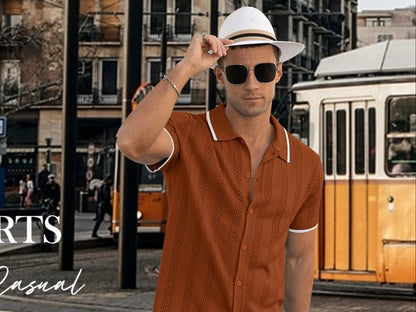 Men'S Casual Button down Shirt Short Sleeve Vintage Clothes Knit Polo Shirts Summer Beach Shirts