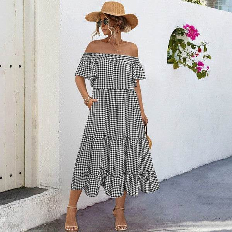 Summer Dress for Women Plaid Puff Sleeves Dress