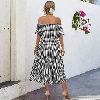Summer Dress for Women Plaid Puff Sleeves Dress