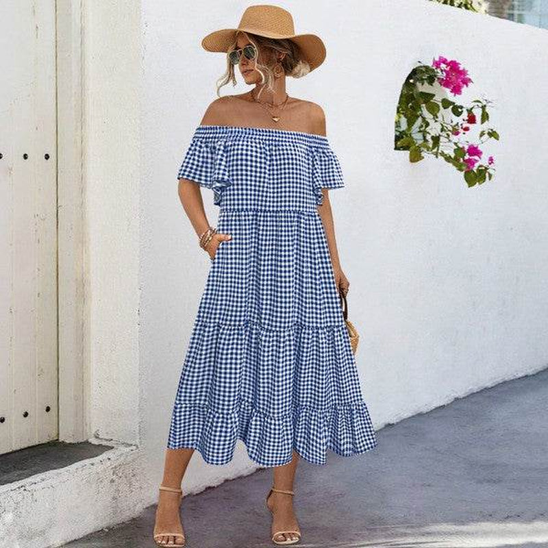 Summer Dress for Women Plaid Puff Sleeves Dress