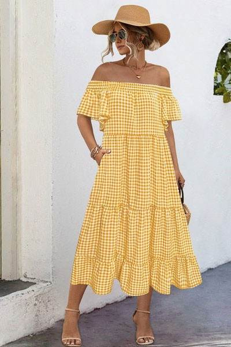 Summer Dress for Women Plaid Puff Sleeves Dress