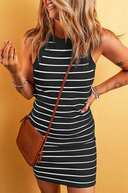 Women'S Ribbed Knit Striped Sleeveless Dress