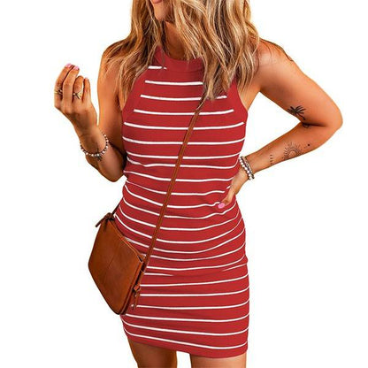 Women'S Ribbed Knit Striped Sleeveless Dress