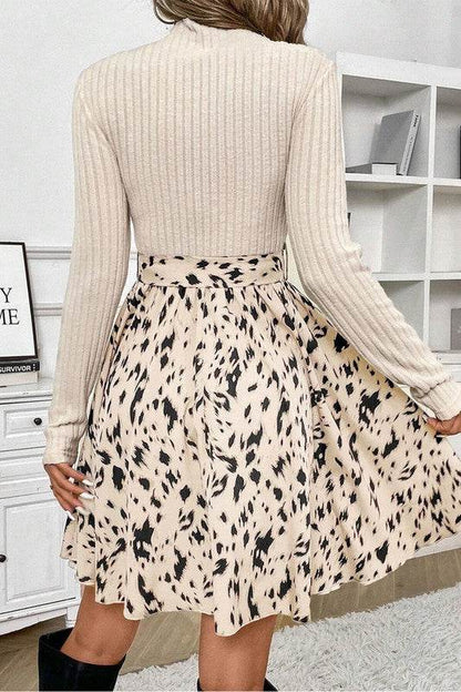 Ribbed Knit Patchwork Printed Belted A-Line Dress