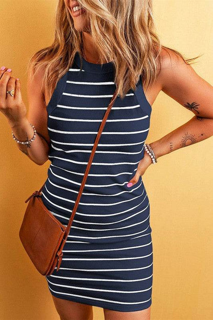 Women'S Ribbed Knit Striped Sleeveless Dress